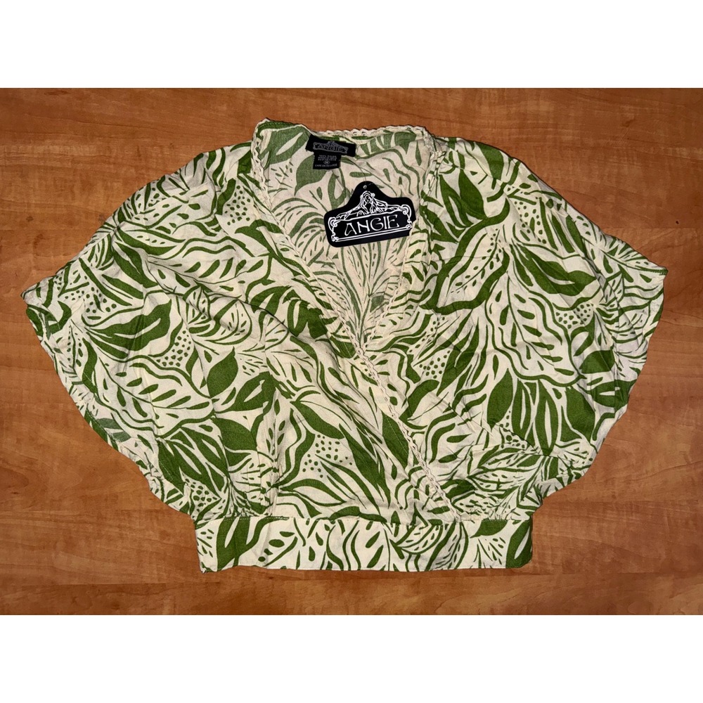 Angie Women Green Tropical Palm Leaf Print Wrap Top Crochet Trim Dolman Sleeve M